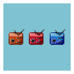 Pixel art sets of radio for news with variation color items asset.Orange,red,and blue radio  on pixelated style.8bits perfect for game asset or design asset element for your game design asset.