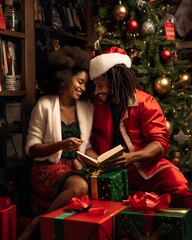 Joyful African American Couple Celebrating Christmas with Gifts by the Tree. Generative AI