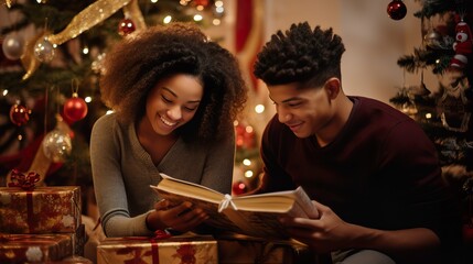 Obraz na płótnie Canvas Joyful African American Couple Celebrating Christmas with Gifts by the Tree. Generative AI