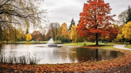 Beautiful fall landscape and cloudy sky. Autumn panorama - yellowed trees in city park in cloudy weather. Pond with fountains in South Park, Wroclaw Poland