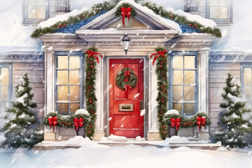 Elegant Watercolor Door with Christmas Charm - obrazy, fototapety, plakaty