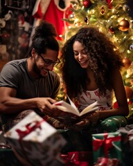 Obraz na płótnie Canvas : Emotive Multi-Racial Couple Celebrating Christmas with Gifts by the Tree. Generative AI