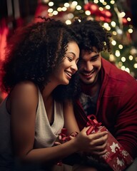 : Emotive Multi-Racial Couple Celebrating Christmas with Gifts by the Tree. Generative AI