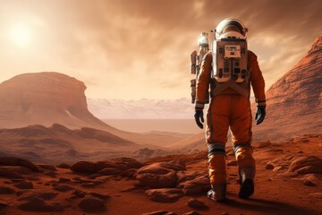 Back view of an astronaut on the mars surface. Mars program. - Powered by Adobe