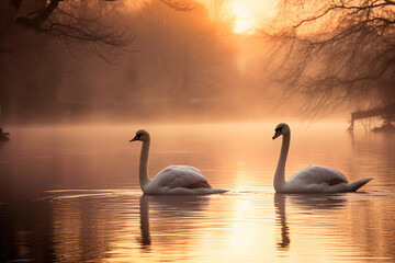 Majestic Swan Lake: A Winter's Morning Glow