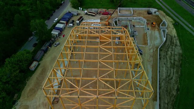 Structural Framework Of A Building Under Construction. aerial