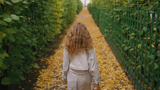A woman in a raincoat walks along an alley in a park strewn with yellow autumn leaves.