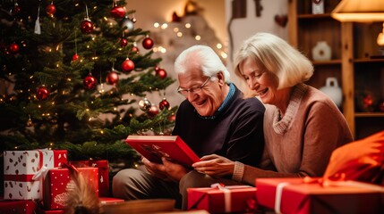 Obraz na płótnie Canvas Joyful Senior European Couple Celebrating Christmas with Gifts by the Tree. Generative AI