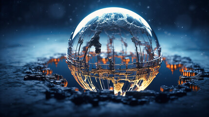 The globe encapsulated within a web of silver threads, each pulsating with streaming binary codes