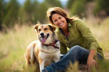 Happy Woman in Her 40s Sharing Laughter with her Furry Friend Outdoors