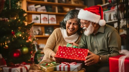 Joyful Indian Senior Couple Celebrating Christmas with Gifts by the Tree. Generative AI