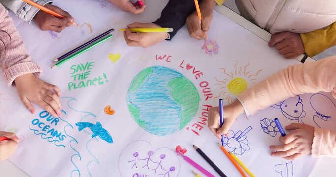 Kids in class, drawing and color from above for earth day, eco friendly education and kindergarten. Creative poster art project, group of school children together, saving the planet and environment.