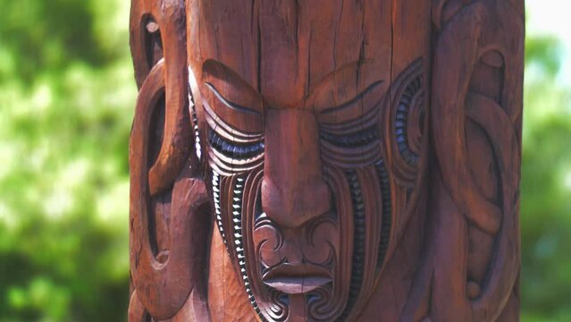 Maori Art Traditional Wooden Carving Of Warrior's Face.