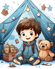 Cute bright little boy room, cartoon style, illustration