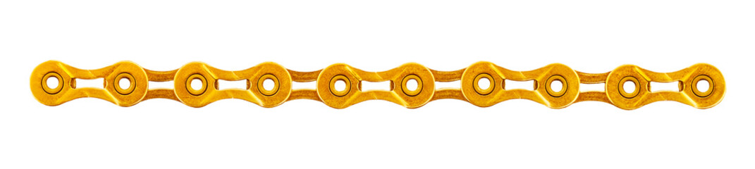 A new golden bicycle chain on white background