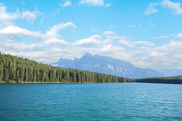 Beautiful view of Two Jake Lake in Banff National Park in Canada - obrazy, fototapety, plakaty