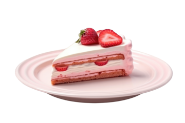 Isolated slice of strawberry cake with natural strawberries and cream in a plate with cutout PNG transparent background