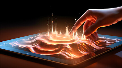 A fingertip delicately pressing a digital tablet, the ripples of light emanating from the point of contact