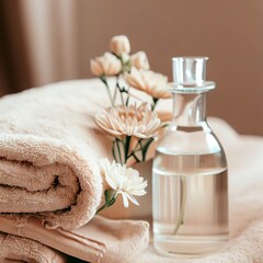 Obraz na płótnie Canvas Towels bottle liquid vase flowers table beige cream natural tones small wellness relaxation pool