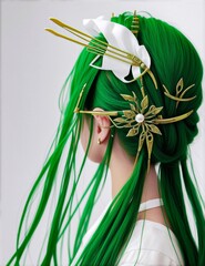 Green hair girl with traditional hairstyle 