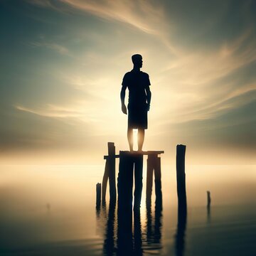 Beautiful picture of a male silhouette standing on the wooden stilts on the water