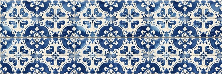 Blue white abstract mosaic tiles background banner panorama long - Painting moroccan portuguese tile wall texture, seamless pattern