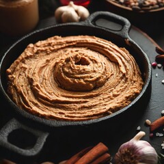 Roasted garlic spread recipe made with spices in cast iron skillet