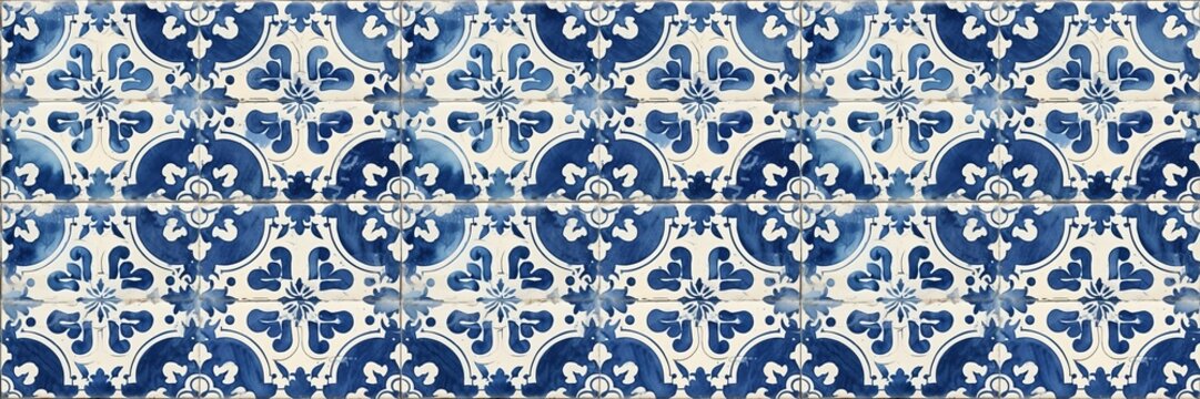 Blue white abstract mosaic tiles background banner panorama long - Painting moroccan portuguese tile wall texture, seamless pattern