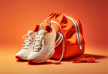 White sports shoes and a small briefcase on an orange background. AI Generated - obrazy, fototapety, plakaty