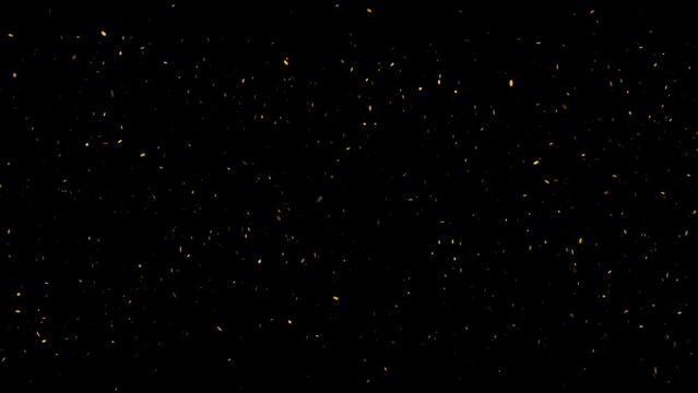 gold particles abstract background with golden shining stars dust bokeh glitter awards dust. Futuristic glittering fly movement flickering loop in space on black background.