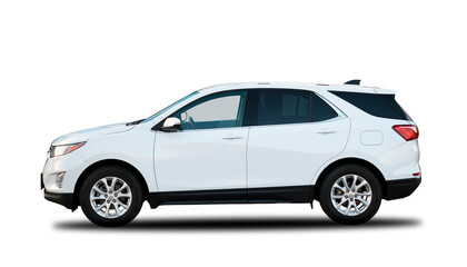 Modern white crossover car on a white background with shadow.