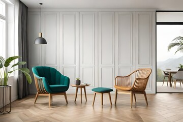 Fototapeta premium Design wicker chair in stylish light bedroom interior. Rattan armchair by the white wall in the living room