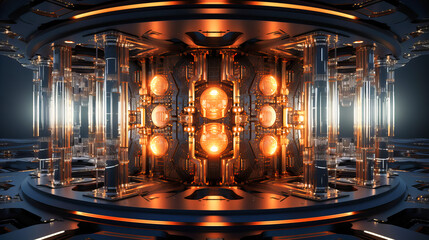 A supercomputer's core illuminated with countless binary sequences, echoing the intricate dance of computations