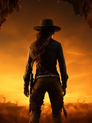 Silhouette of a cowgirl wearing a hat western movie cover art - obrazy, fototapety, plakaty