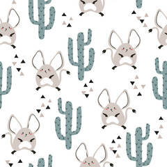Cute jerboa and cactus seamless pattern. Vector background for kids