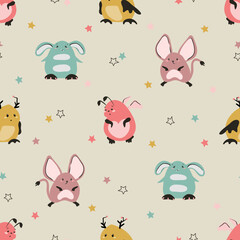 Cute monsters pattern. Seamless vector background for kids with funny creatures