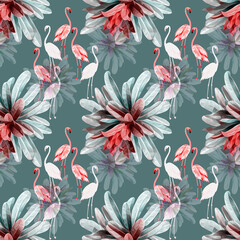 Vector - Flamingo birds with exotic flowers seamless pattern.