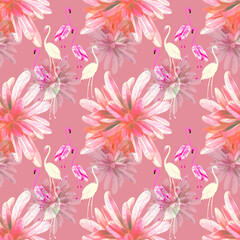 Vector - Flamingo birds with exotic flowers seamless pattern.