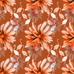Vector - Flamingo birds with exotic flowers seamless pattern.