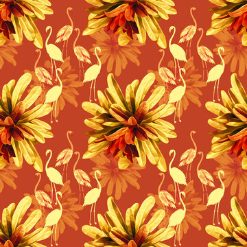 Vector - Flamingo birds with exotic flowers seamless pattern.