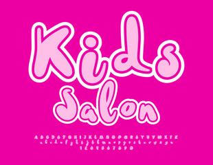 Vector cute logotype Kids Salon. Playful Pink Font. Funny Bright Alphabet Letters and Numbers.