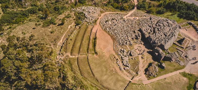 Archaelogical Qenqo. Strange and weird rock structures. Neighborhoods Cusco City. top view