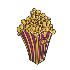 Halloween party sticker with popcorn with pumpkin  taste in a cup with stripes.