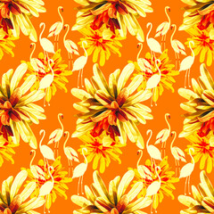 Vector - Flamingo birds with exotic flowers seamless pattern.
