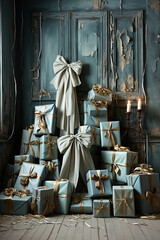 Blue wrapped presents with ribbons on shabby chic background.