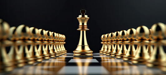 Standing out from the crowd,  golden King chess standing in front of other chess, leader must have courage and challenge in the competition, business vision for a win in business games different