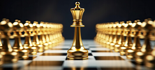 Standing out from the crowd,  golden King chess standing in front of other chess, leader must have courage and challenge in the competition, business vision for a win in business games different