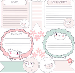 inspiration notepaper design printable . Cartoon Sheep's ` pages for tags , weekly notes, diet menu breakfast lunch dinner to do list, back to school
