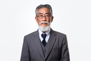 Portrait of Asian Senior Businessman with Grey Hair and Beard on White Copy Space