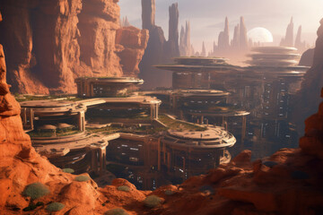 Huge Multi Storey Buildings Situated Among Giant Red Mountains of Mars.  - obrazy, fototapety, plakaty